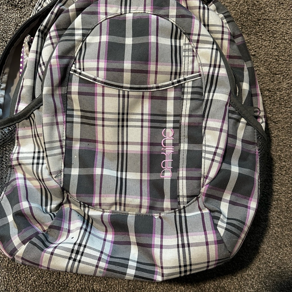 Dakine Gray and Purple Backpack with Classic Plaid Design